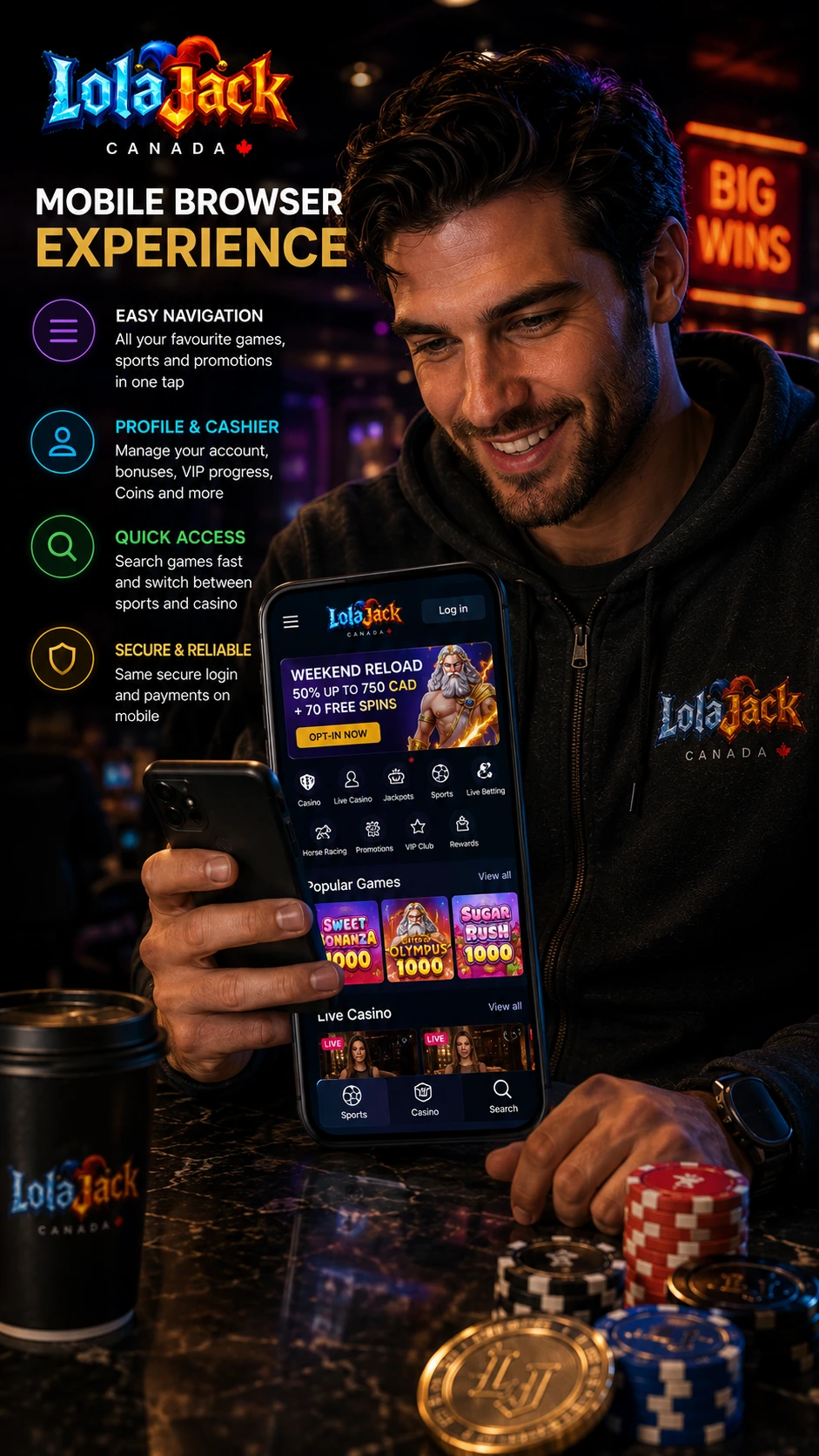 LolaJack mobile responsive browser interface and casino navigation
