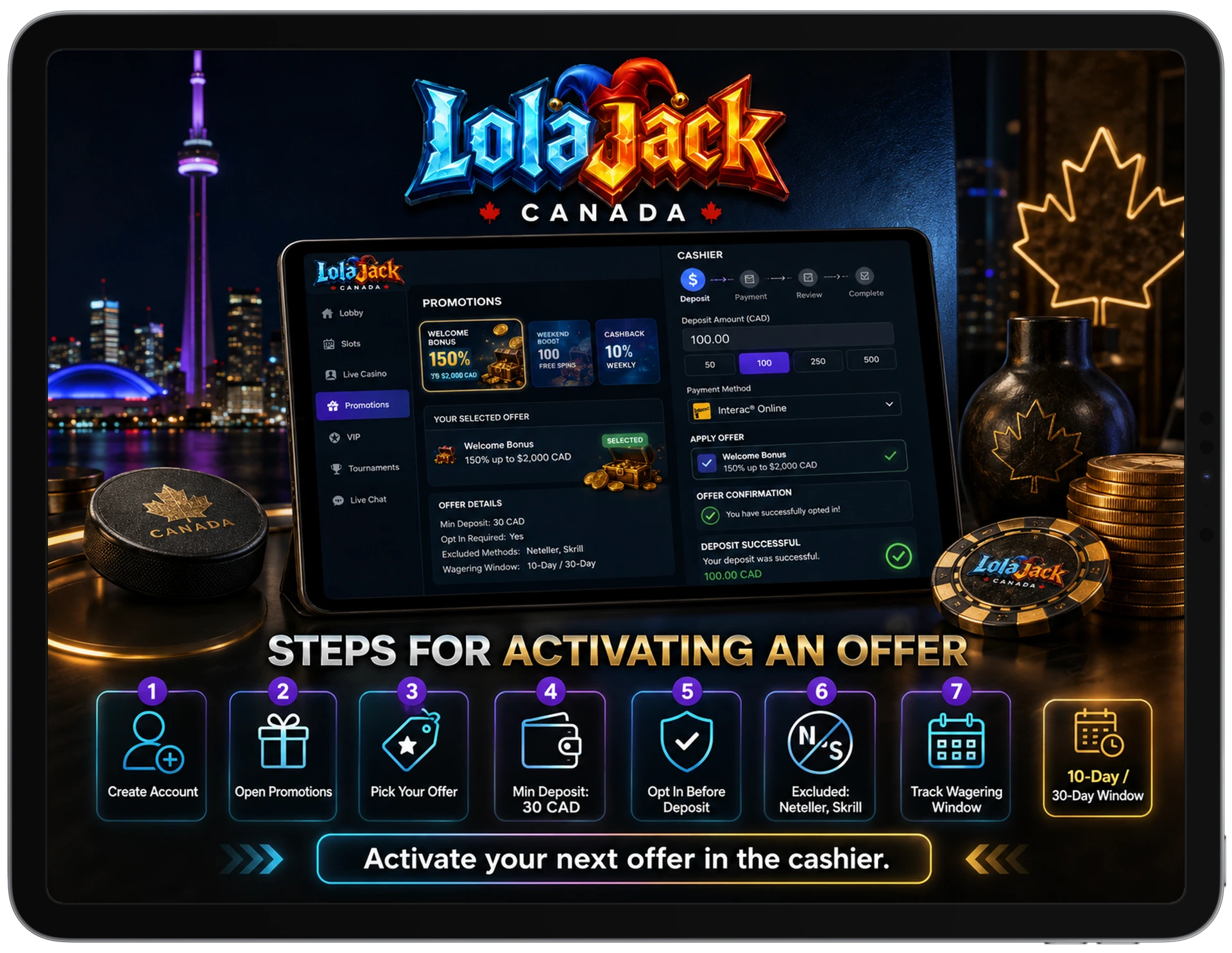 LolaJack casino steps for activating promotional offers and deposit bonus