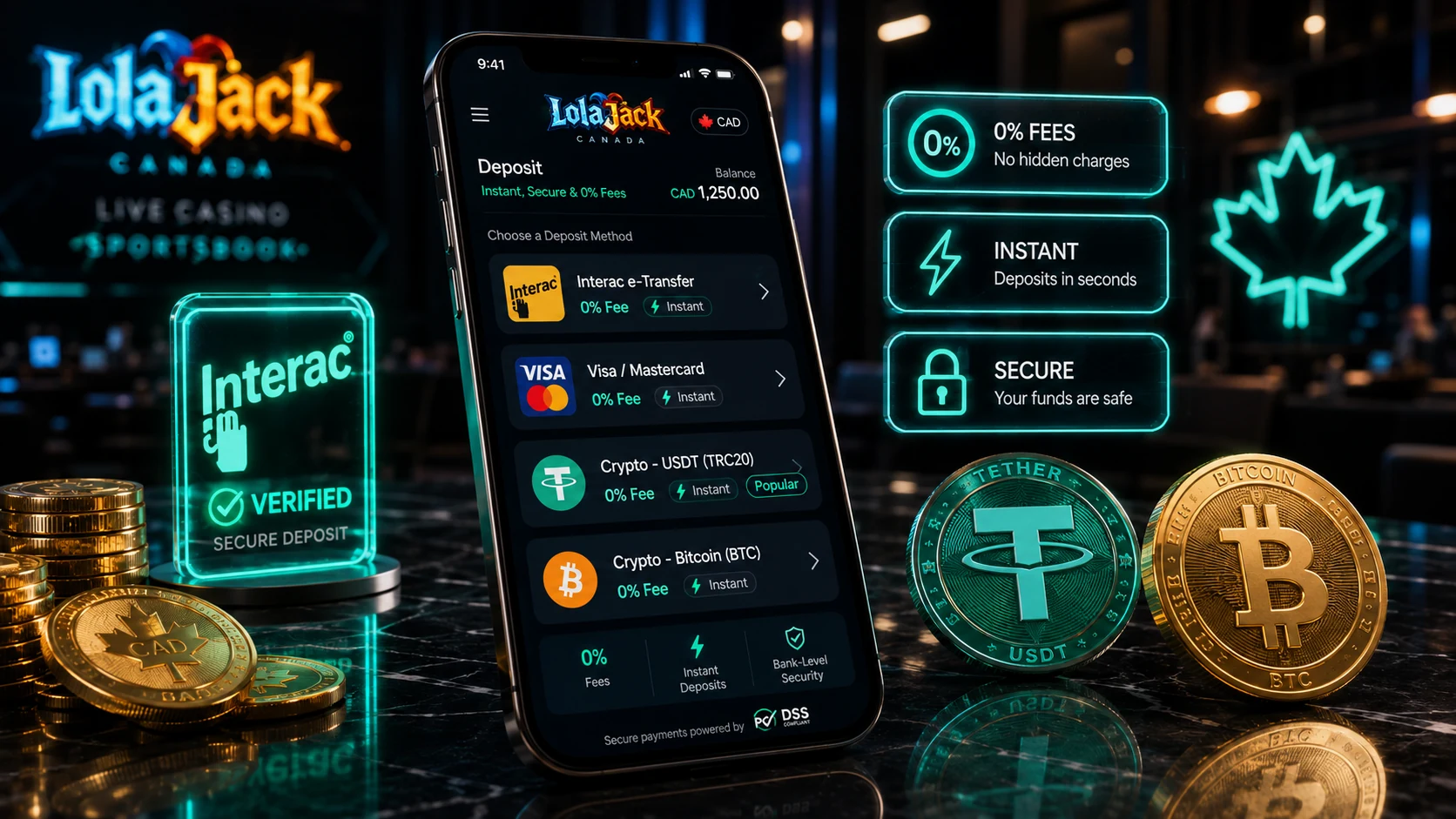 LolaJack deposit options including Interac, Visa, crypto and e-wallets in the cashier