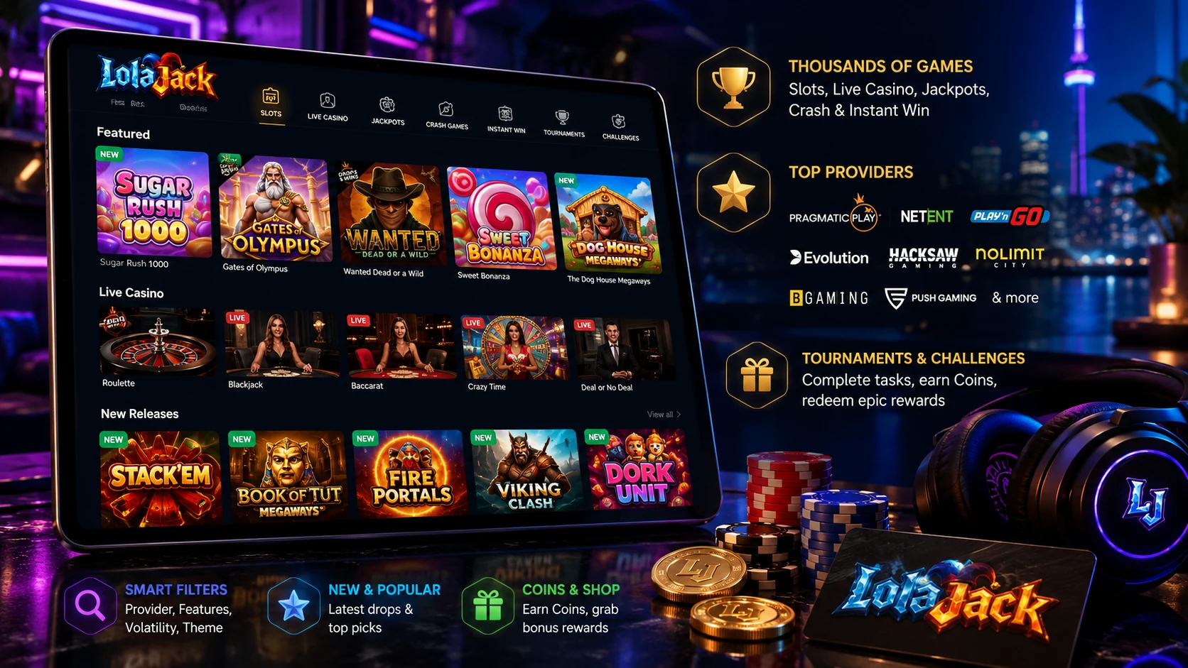 LolaJack exploring the game library with slots, live tables and crash games