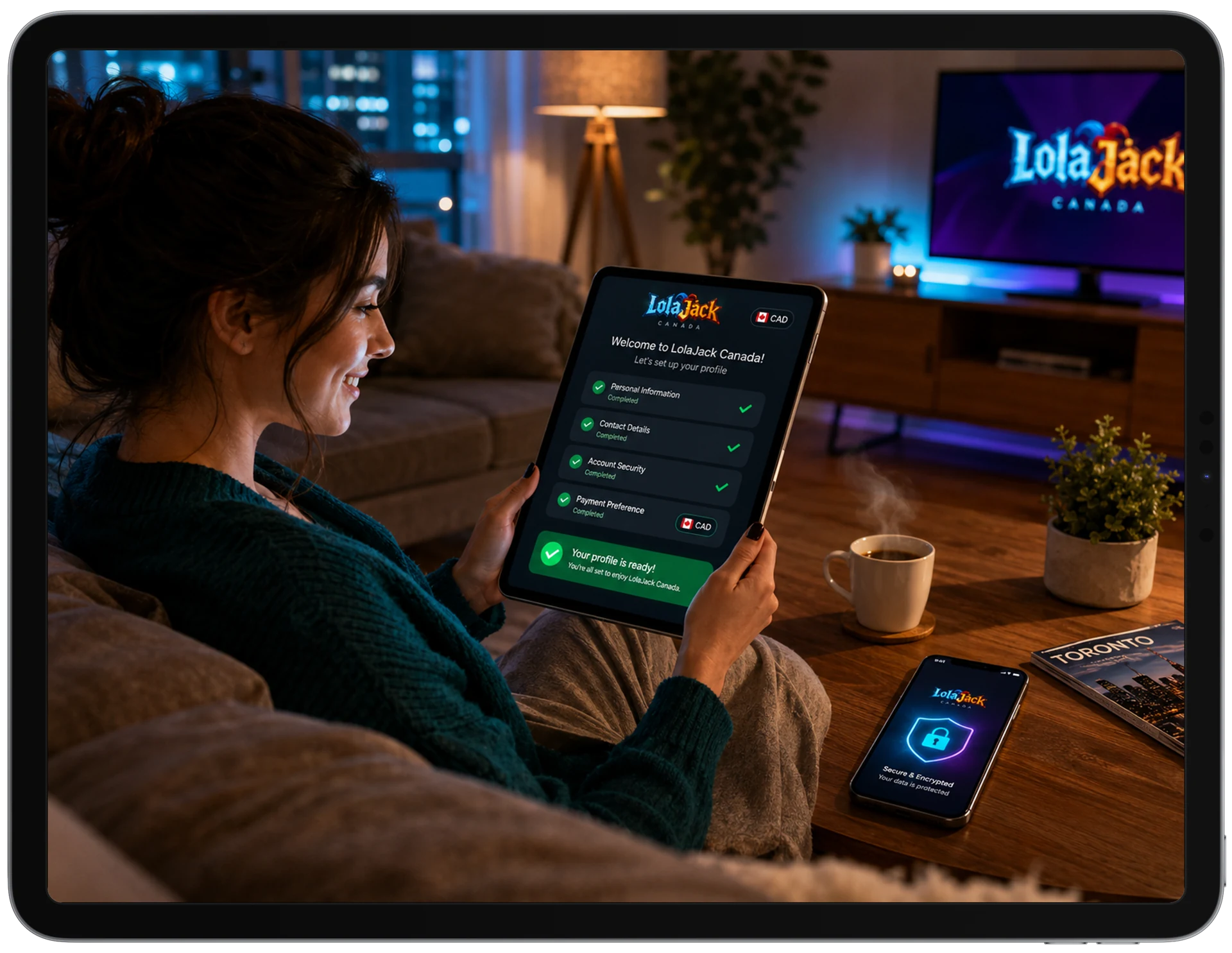 LolaJack opening a player profile and sign up on mobile and tablet