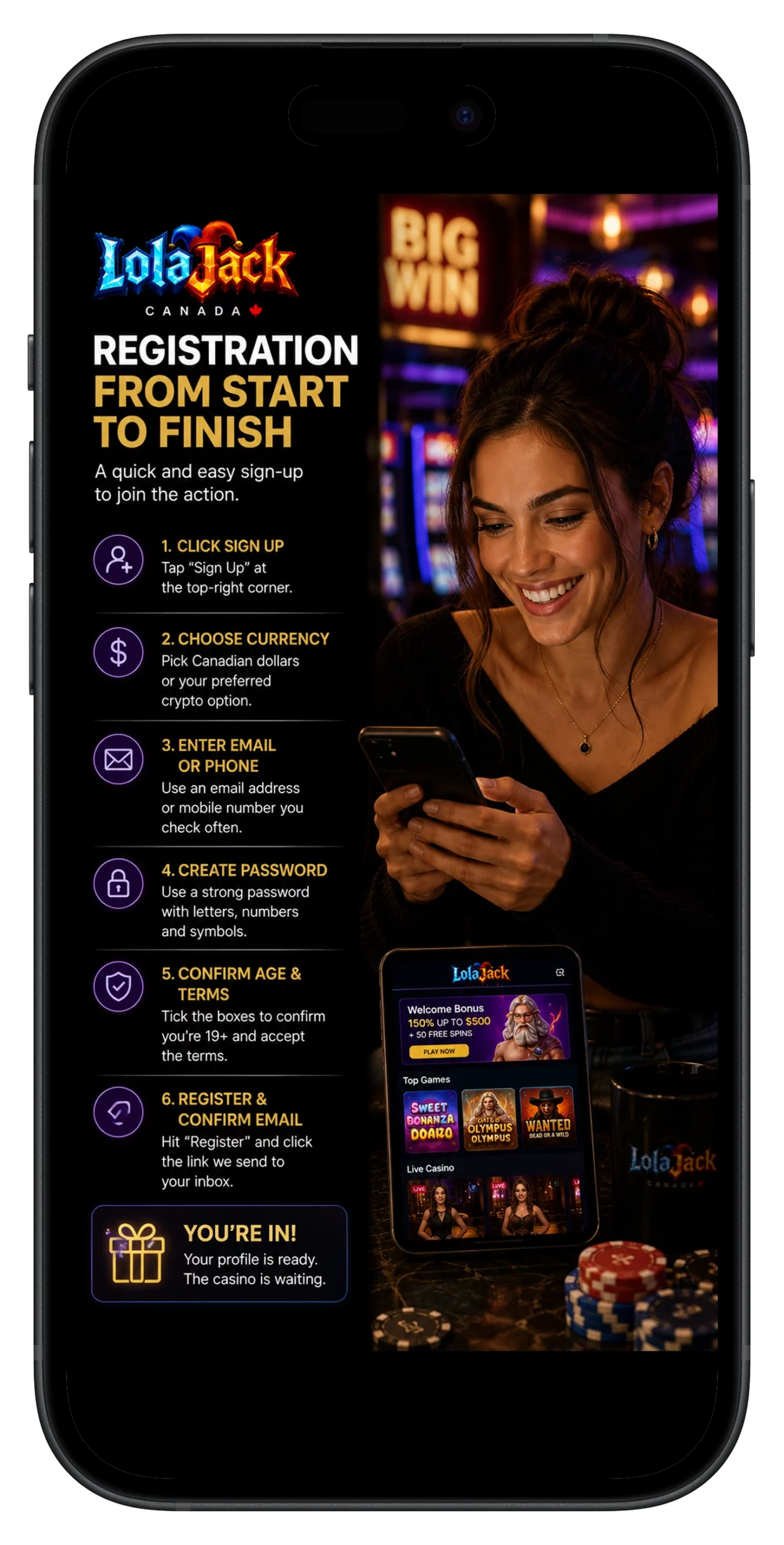 LolaJack registration form step by step guide currency selection and verification