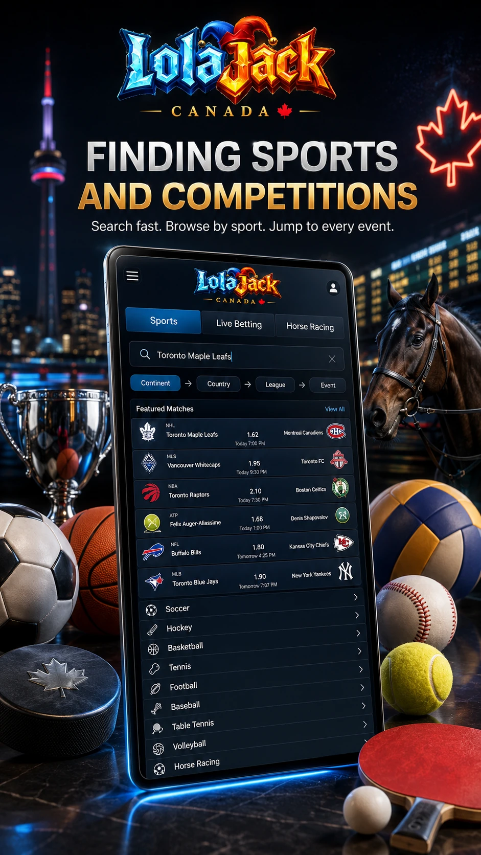 LolaJack sportsbook navigation and finding sports competitions line