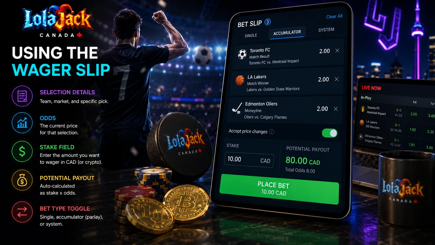 LolaJack sportsbook wager slip with single, accumulator and parlay bet builder