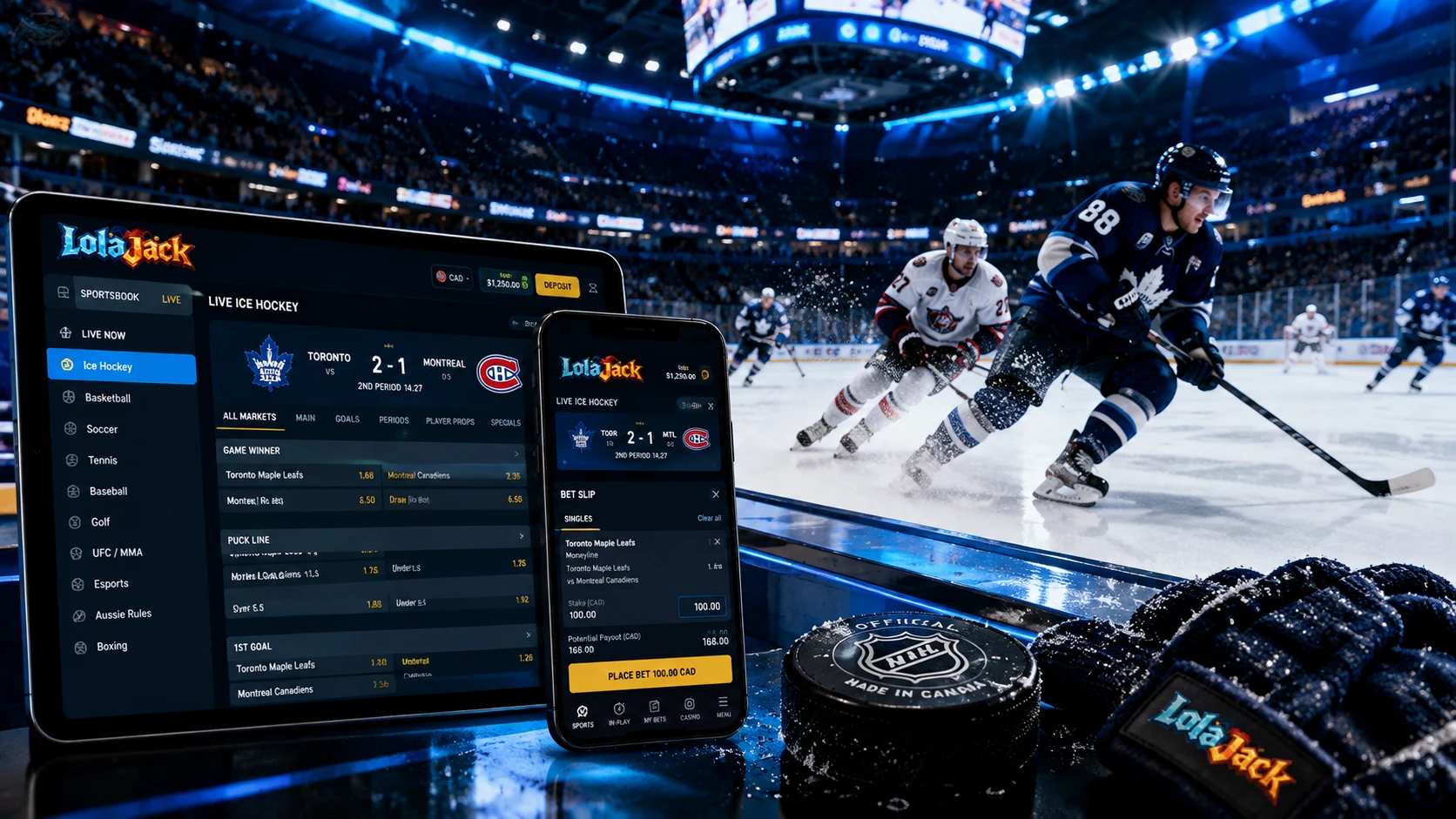 LolaJack sportsbook features, hockey match betting, and live odds slip